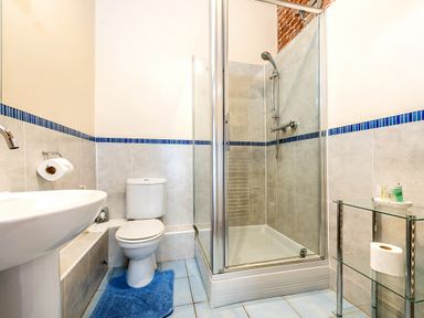 A bathroom with a toilet, glass shower enclosure, pedestal sink, glass shelf with toiletries and toilet paper at Coot in Wheatacre