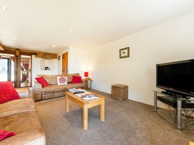 A living room with brown leather sofas red cushions a wooden coffee table and a television on a glass stand at Widgeon in Wheatacre