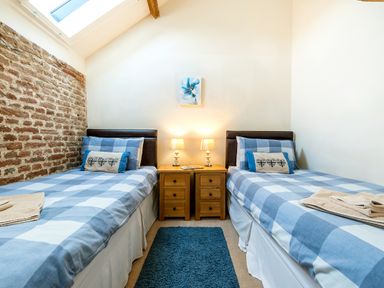 A bedroom with two single beds a nightstand with lamps and a blue rug at Widgeon in Wheatacre