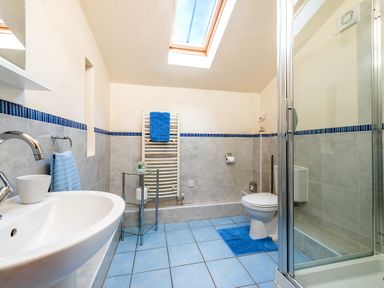A bathroom with a sink toilet shower and skylight at Teal in Wheatacre