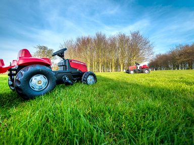 Two red toy tractors on green grass with trees and blue sky in the background