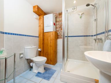 A bathroom with a toilet a shower a sink and a glass shelf at Woodcock in Wheatacre