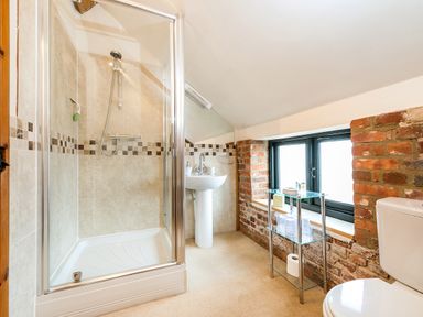 A bathroom with a shower enclosure a sink a toilet and a glass shelf with cups and toiletries at Woodcock in Wheatacre