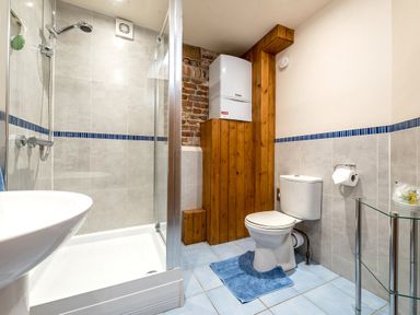 A bathroom with a shower enclosure a toilet a sink and a glass shelf with blue tiles on the floor at Snipe in Wheatacre