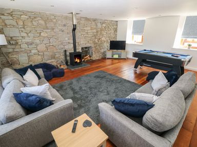 A living room with two gray sofas a wood burning stove a television and a pool table at Dalton Cottage in Llansaint