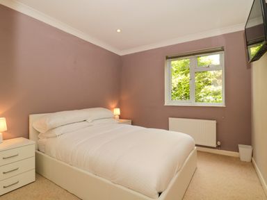 A bedroom with a white bed and bedside tables with lamps and a window showing greenery at Te Papa in North Petherton