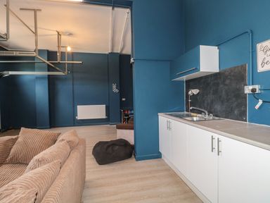 A room with a kitchenette featuring a sink and cabinets a beige sofa a bean bag a blue wall and a radiator at Te Papa in North Petherton