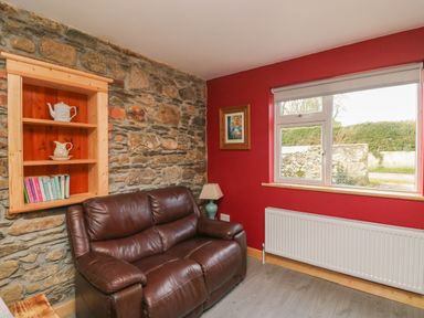 A room with a brown leather sofa stone wall with wooden shelves and a window with red walls at Curragh Cottage Rathimney near New Ross County Wexford