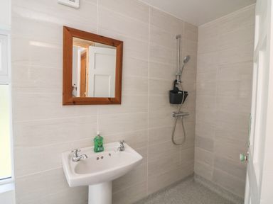 A bathroom with a pedestal sink and a mirror above it next to a shower area at Curragh Cottage in Rathimney near New Ross County Wexford