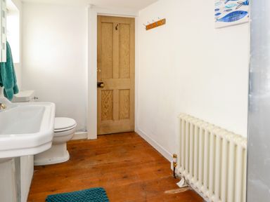 A bathroom with a wooden door a white sink and toilet a radiator and a towel on a hook at Georgian Hideaway in Weymouth