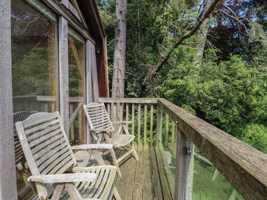 A wooden balcony with two wooden chairs and glass railing overlooking green trees at The Boathouse in Belford