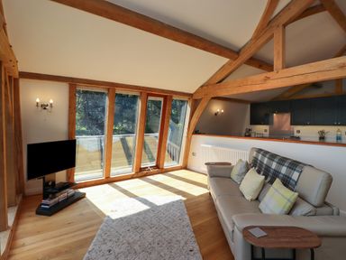 A living room with large windows a sofa a TV and visible kitchen cabinets at The Boathouse in Belford