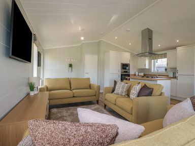 A living room with yellow sofas a wooden cabinet a wall mounted tv and an open kitchen at 4 Meadow Retreat in Dobwalls