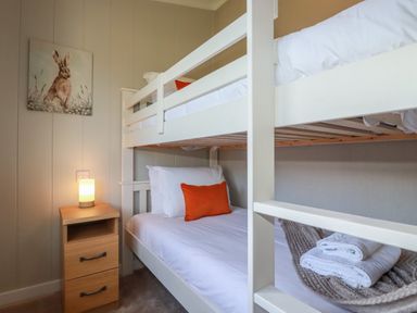 A bedroom with a white bunk bed an orange pillow a wooden bedside table with a lamp and a rabbit painting on the wall at 4 Meadow Retreat in Dobwalls