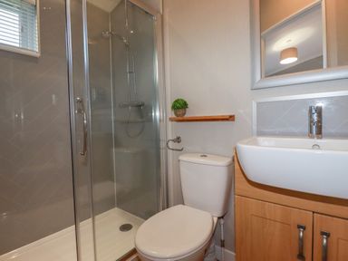 A bathroom with a shower enclosure a toilet a wooden cabinet with a sink and a mirror at 4 Meadow Retreat in Dobwalls