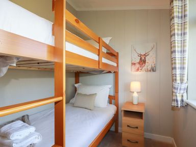 A bedroom with wooden bunk beds a bedside table with a lamp a painting of a deer and a window with plaid curtains at 23 Meadow Retreat in Dobwalls