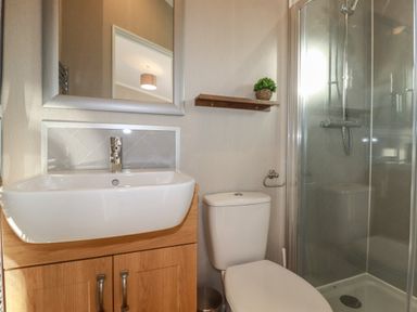 A bathroom with a sink and cabinet toilet shower enclosure and a small plant on a wall shelf at 6 Faraway Fields in Dobwalls