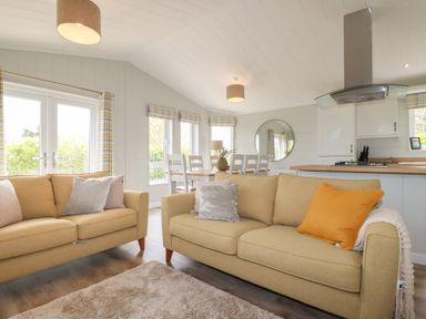A living room with two sofas pillows a dining table and chairs a kitchen area with a stove and vent hood at 6 Faraway Fields Dobwalls