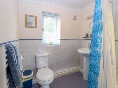A bathroom with a toilet sink shower curtain and window with blinds at Paws-A-While in Hoveton & Wroxham
