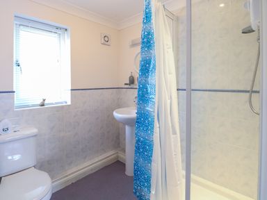 A bathroom with a shower area a toilet and a sink at Paws-A-While in Hoveton & Wroxham