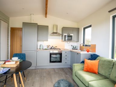 A kitchen with grey cabinets and appliances next to a green sofa with an orange pillow at Cae Pren in New Mills near Llanfair Caereinion