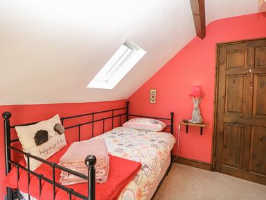 A bedroom with a single bed under a skylight and a wooden door at The Old Chapel in Foxley near Bawdeswell