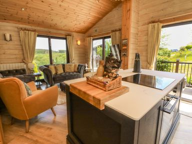 An open-plan kitchen and living area with a kitchen island with snacks on it and sofas near large windows at Moonlake Lodge in Woolsery near Woolfardisworthy