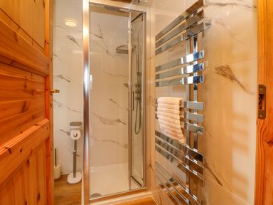 A shower area with glass doors a chrome towel radiator with a towel a toilet paper holder and wooden door at Moonlake Lodge in Woolsery near Woolfardisworthy