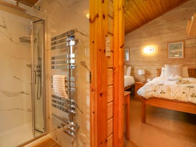 A shower area with a glass door and towel rack next to a bedroom with two single beds and wooden walls at Moonlake Lodge in Woolsery near Woolfardisworthy