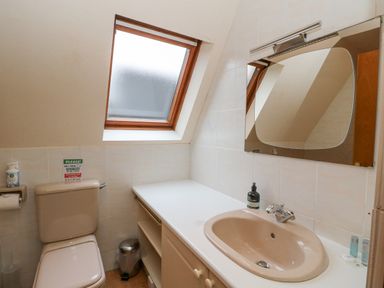 A bathroom with a toilet sink mirror and a skylight window at Lodge 2 - Inglewood Lodge in Spean Bridge