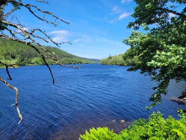 A large body of water surrounded by green trees under a blue sky at Lodge 2 - Inglewood Lodge in Spean Bridge