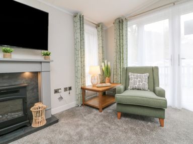 A living area with a green armchair, side table with a lamp, fireplace, and television at 18 Manleigh Park in Combe Martin