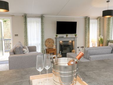 A living room with grey sofas a wall-mounted tv and a fireplace at 18 Manleigh Park in Combe Martin