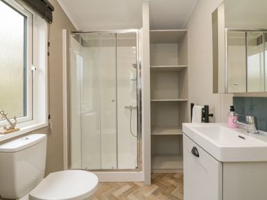 A bathroom with a toilet, a glass shower enclosure, shelving unit, and a sink with a mirror and liquid soap at 18 Manleigh Park in Combe Martin