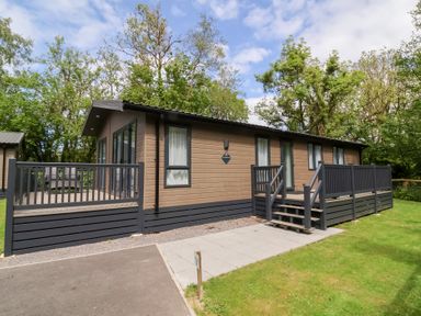 A single story wooden cabin with a deck and stairs surrounded by grass and trees at 18 Manleigh Park in Combe Martin