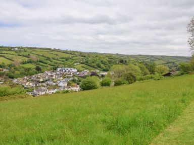 A grassy hillside overlooking a village with houses and trees at 18 Manleigh Park in Combe Martin