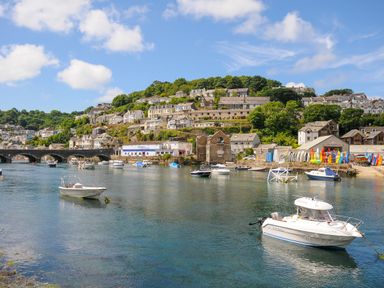 A harbor with boats on the water and houses on a hillside at Sea Pinks in Looe