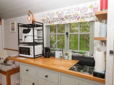 A kitchen counter with a sink microwave kettle and air fryer under a window at Burr 2 Shepherds Hut Swimbridge near Barnstaple
