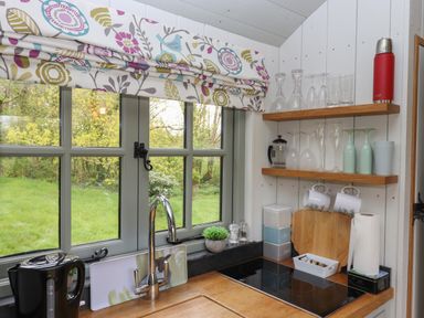 A kitchen counter with a sink kettle stovetop and shelves holding glasses mugs and containers at Burr 2 Shepherds Hut Swimbridge near Barnstaple