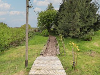 A wooden walkway leading to a bark path surrounded by grass and trees at Burr 2 Shepherds Hut Swimbridge near Barnstaple