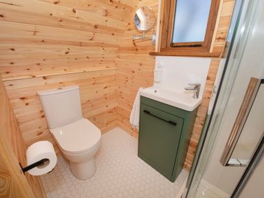 A bathroom with a toilet sink vanity and shower in a wooden interior at Glamping Pod 1 Comfort in Lebberston