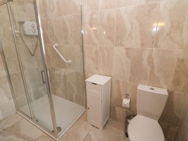 A bathroom with a shower and a toilet at No 1 Lodge Wood Kenmare, County Kerry