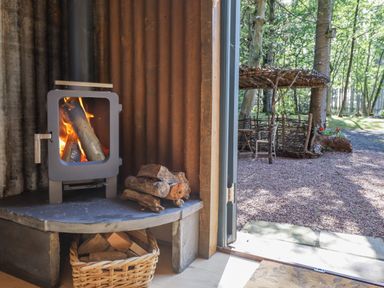 A room with a wood stove and firewood at Tanglewood Shepherds Hut in Welshpool