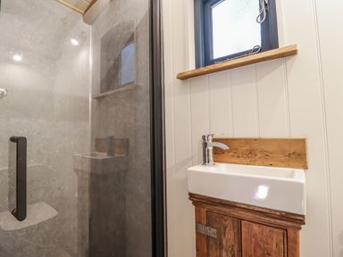 A bathroom with a shower and a sink at Tanglewood Shepherds Hut in Welshpool