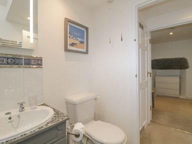 A bathroom with a toilet, sink, and a framed picture on the wall at 4 Barton Cottages in Down Thomas near Plymouth