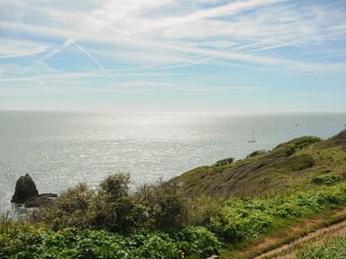 A coastal scene with green hills overlooking a calm sea under a clear sky at Chalet 2 at Landscove Holiday Park in Brixham