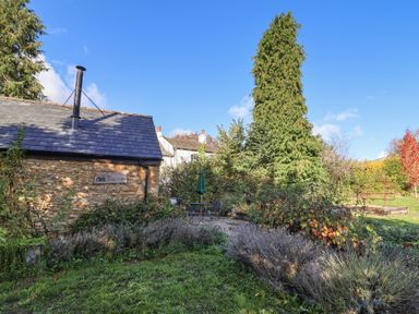 A garden with a shed, patio furniture, and trees at The Cart Shed in Barwick near Yeovil, Somerset