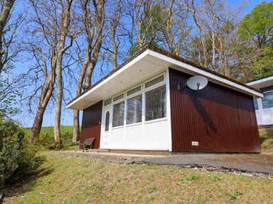 A small brown and white cabin with a satellite dish next to trees on a grassy slope at Hill View in Bryncrug near Tywyn