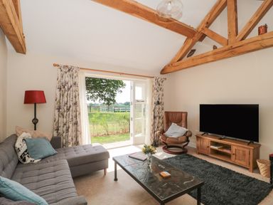 A living room with a gray sectional sofa a brown leather armchair a flat screen tv on a wooden stand a table with flowers and open doors showing a garden at Orchard View in Redmary D Abitot near Hartpury