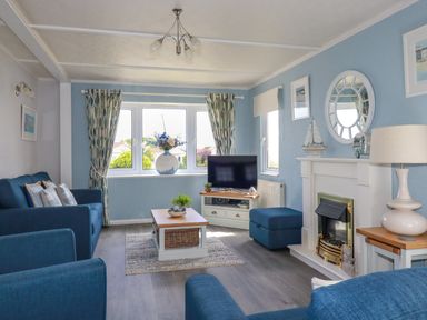 A living room with blue sofas a coffee table a television on a stand and a fireplace at Lowen Lodge in St Merryn near Padstow